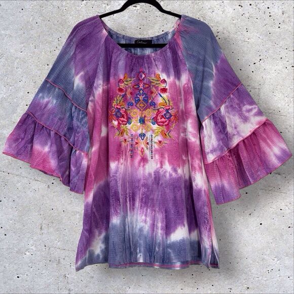 Calessa Tie Dye Tunic Large Purple Blue Pink Floral Embroidered 3/4 Tier Sleeve - Picture 1 of 8